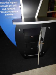 RENTAL: (6) Custom Kiosks with Sintra Header & Wing Graphics, (6) 24" Monitors, and (6) DVD Media Players, and RE-1205 Large Curved Counter with Locking Door & Interior Shelf -- Image 4