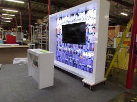 VK-1340 Custom Exhibit with LED Lightbox, Monitor Mount, Fabric Graphic, and MOD-1563 Reception Counter