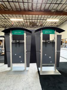 RENTAL: (2) Modified RE-1230 Large Monitor Kiosks with Arch Canopies, Large Monitor Mounts, Direct Print Sintra Wing Graphics, and Tension Fabric Graphics