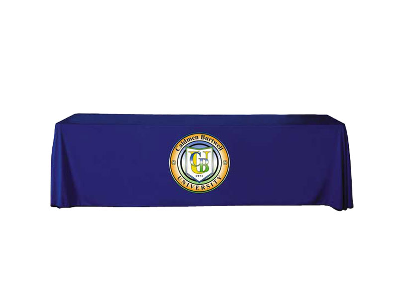 8ft Twill Table Throw - Dye Sublimation Logo Applique - Applique logo Max Size 45"w x 25"h - Round Logo Applique Shown - Custom Shapes Available