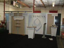 Custom Inline Exhibit with Storage, LTK-1001 Pedestal, Shelves, and Custom Product Kiosk -- Image 1