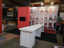 RENTAL: 20' x 15' Custom Gravitee Modular System with 12 ft. High Backwall, Large Monitor Mount, Custom White Laminated Tables with USB Charging Ports, and Silicone Edge Fabric Graphics
