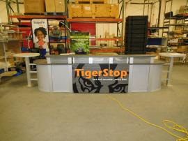 Custom Reception Counter with Backlit LED Logo, Locking Storage, USB Charging Ports, and Modular Construction