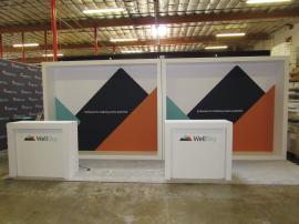 (2) VK-1340 Custom Inline Exhibits with SuperNova Backlit Fabric Graphics and (2) MOD-1563 Counters with Locking Storage