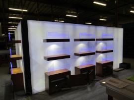 Custom Island Exhibit with SuperNova Lightboxes, SEG Tension Fabric Graphics, Product Shelves, Locking Storage, Monitor Mount, and Planter Boxes