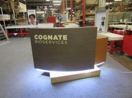 Custom Reception Desk with ToeKick Accent Lights, Locking Storage, Wire Management, Shelves, and Graphics