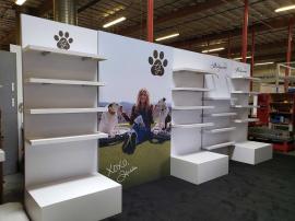 Custom Gravitee One-Step Inline Exhibit with (16) Shelves, Tension Fabric Graphics, MOD-1590 Backlit Counter with Storage, and a SYM-412 Counter with Additional Shelves