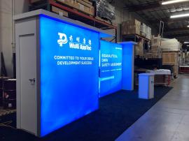 Modified VK-2984 Backlit Inline Exhibit with Closet Storage, SEG Fabric Graphics, and MOD-1267 Pedestal with Locking Storage