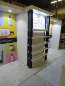 VK-4025 Custom Modular Exhibit with Shelves, Puck Lights, Fabric Graphics, Custom Parsons Counter, and Locking Storage Closet