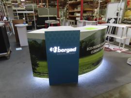 MOD-1585 Custom Curved Counter with Backlit Logo, LED Accent Lights, Vinyl Graphics, Shelving, and Locking Storage