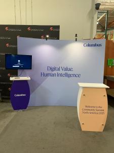 RENTAL: RE-1094 Inline Design with Symphony Large Concave Curved Extrusion Frame, SYM-401 Workstation Counter with Two Wireless Charging Ports, SYM-402 Workstation Counter, Monitor Mount, 32" Monitor, RE-1255 Reception Counter, (2) LED Arm Lights, SEG Fab